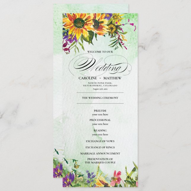 Sunflowers | Wild Meadow Wedding Program Cards (Front/Back)