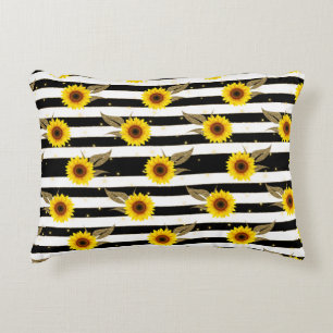 Sunflowers with Black and White Horizontal Lines Decorative Cushion