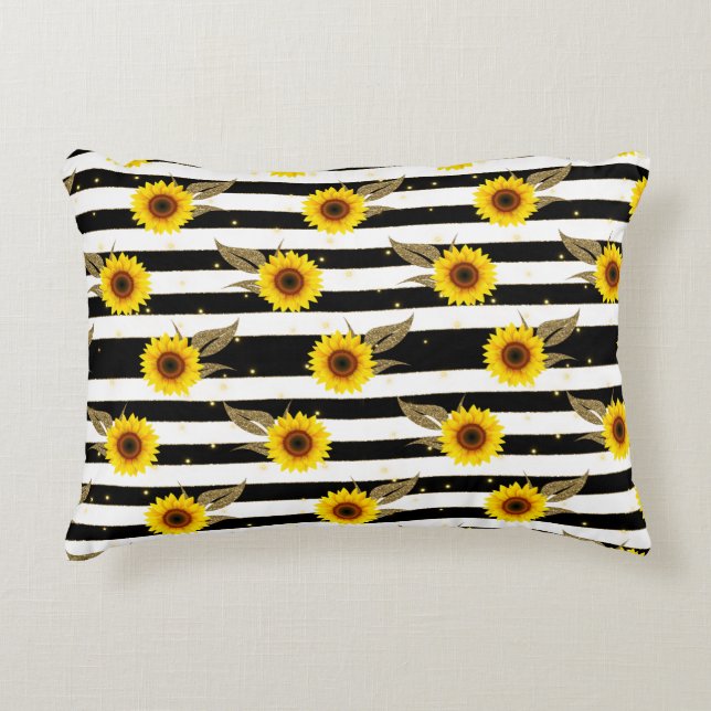 Sunflowers with Black and White Horizontal Lines Decorative Cushion (Front)