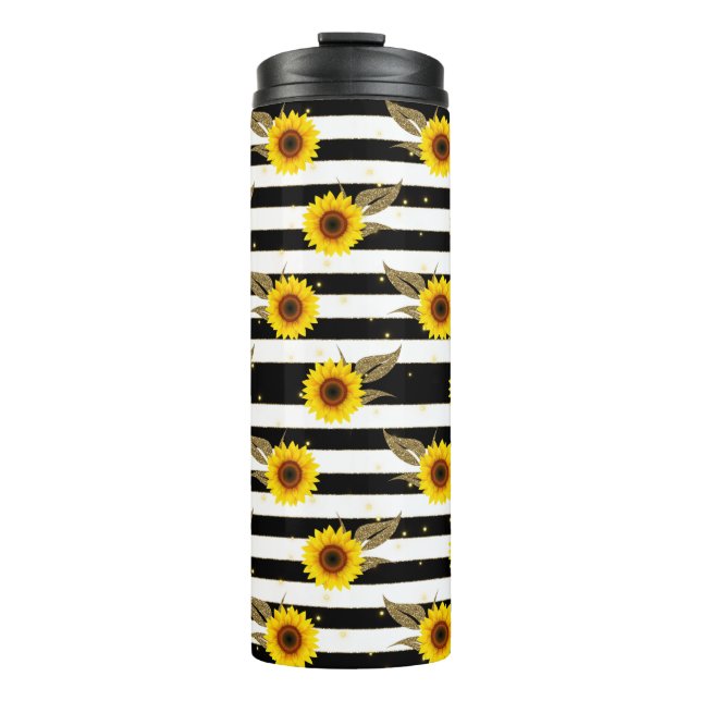 Sunflowers with Black and White Horizontal Lines Thermal Tumbler (Front)