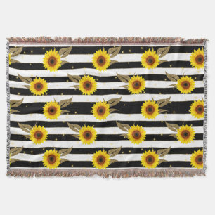 Sunflowers with Black and White Horizontal Lines Throw Blanket