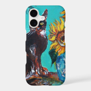 SUNFLOWERS WITH BLACK CAT IN BLUE TURQUOISE