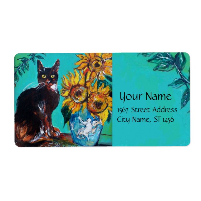 SUNFLOWERS WITH BLACK CAT IN BLUE TURQUOISE (Front)