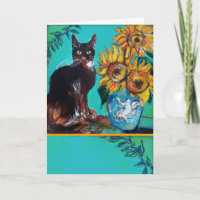 SUNFLOWERS WITH BLACK CAT IN BLUE TURQUOISE