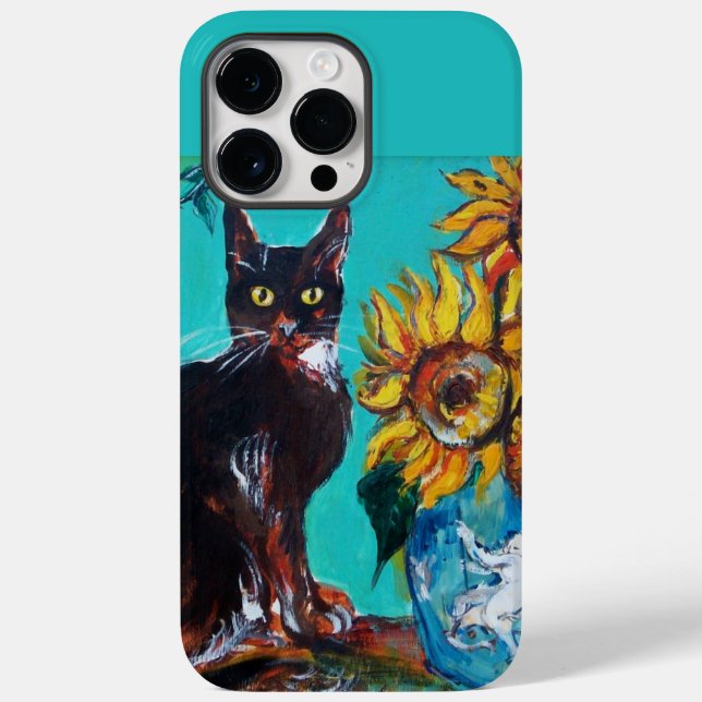 SUNFLOWERS WITH BLACK CAT IN BLUE TURQUOISE Case-M Case-Mate iPhone Case (Back)
