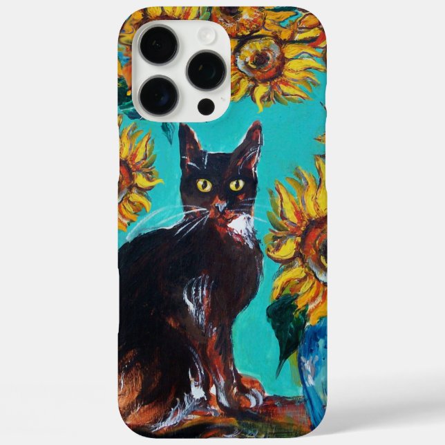 SUNFLOWERS WITH BLACK CAT IN BLUE TURQUOISE Case-Mate iPhone CASE (Back)