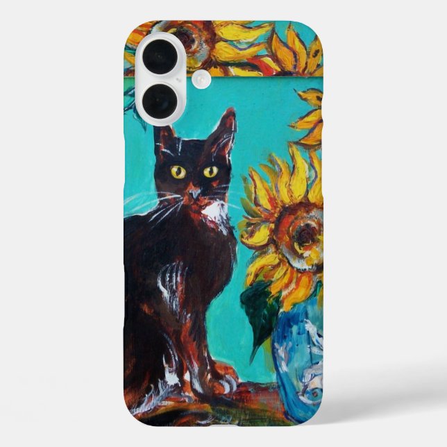 SUNFLOWERS WITH BLACK CAT IN BLUE TURQUOISE Case-Mate iPhone CASE (Back)