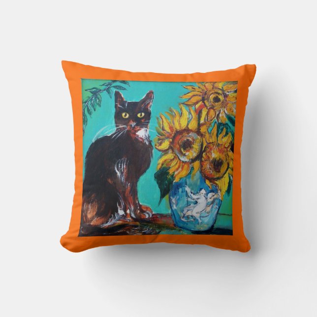 SUNFLOWERS WITH BLACK CAT IN BLUE TURQUOISE CUSHION (Front)