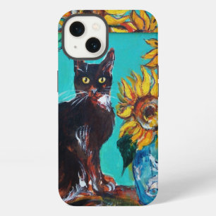 SUNFLOWERS WITH BLACK CAT IN BLUE TURQUOISE iPhone 13 CASE