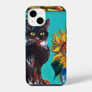 SUNFLOWERS WITH BLACK CAT IN BLUE TURQUOISE iPhone 14 CASE