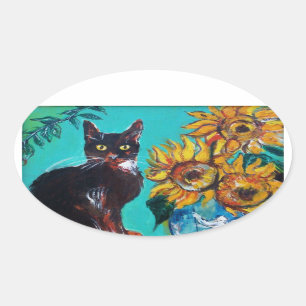SUNFLOWERS WITH BLACK CAT IN BLUE TURQUOISE OVAL STICKER