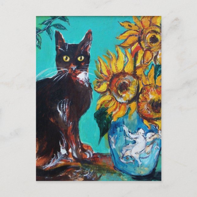 SUNFLOWERS WITH BLACK CAT IN BLUE TURQUOISE POSTCARD (Front)