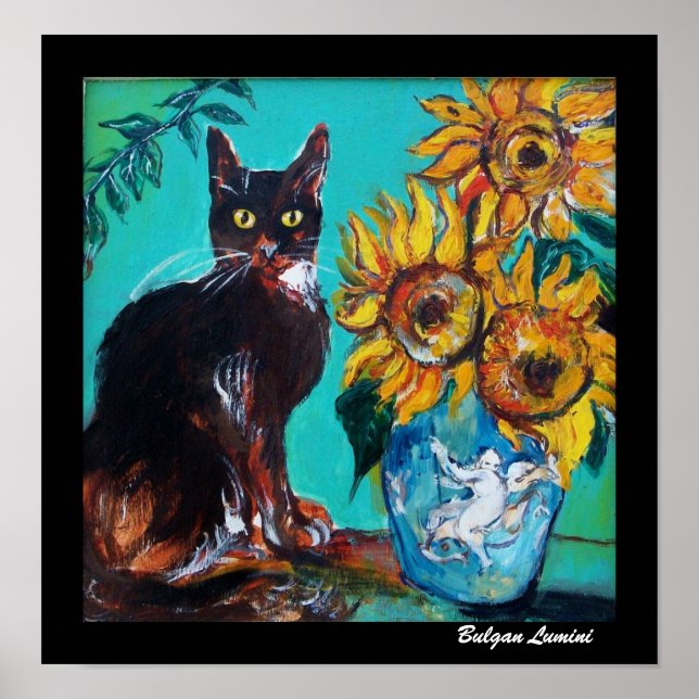 SUNFLOWERS WITH BLACK CAT IN BLUE TURQUOISE POSTER (Front)