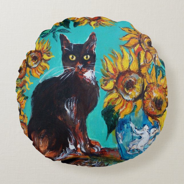 SUNFLOWERS WITH BLACK CAT IN BLUE TURQUOISE ROUND CUSHION (Front)