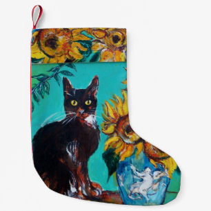 SUNFLOWERS WITH BLACK CAT IN BLUE TURQUOISE SMALL CHRISTMAS STOCKING