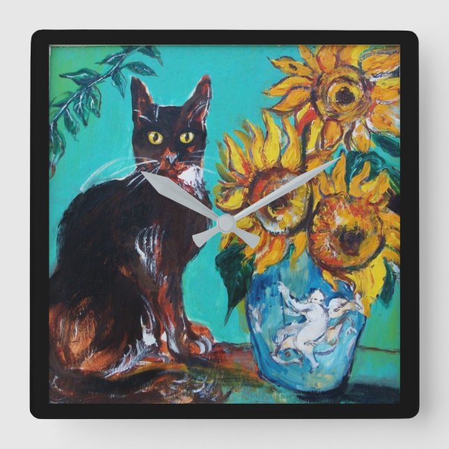 SUNFLOWERS WITH BLACK CAT IN BLUE TURQUOISE SQUARE WALL CLOCK (Front)
