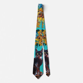 SUNFLOWERS WITH BLACK CAT IN TURQUOISE BLUE TIE