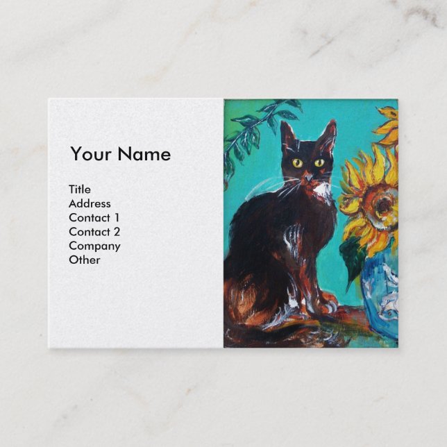 SUNFLOWERS WITH BLACK CAT White Pearl Green Yellow Business Card (Front)