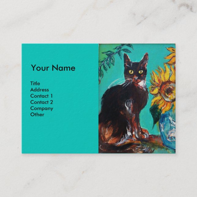 SUNFLOWERS WITH CAT, blue Business Card (Front)