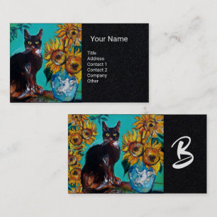 SUNFLOWERS WITH CAT IN BLUE Monogram Black Paper Business Card