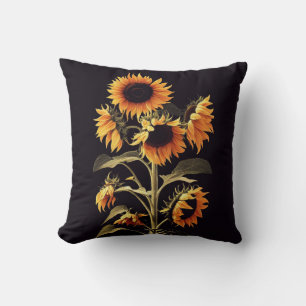 SUNFLOWERS WITH GREEN LEAVES IN BLACK CUSHION