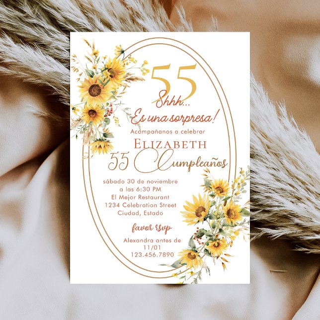 Sunflowers Women Spanish Surprise 55th Birthday Invitation (Creator Uploaded)