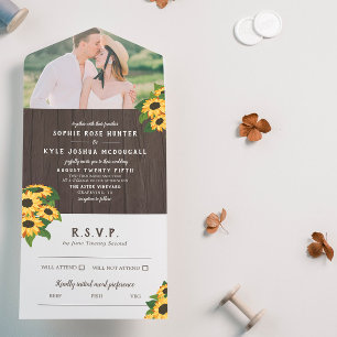 Sunflowers & Wood Rustic Photo Wedding All In One Invitation