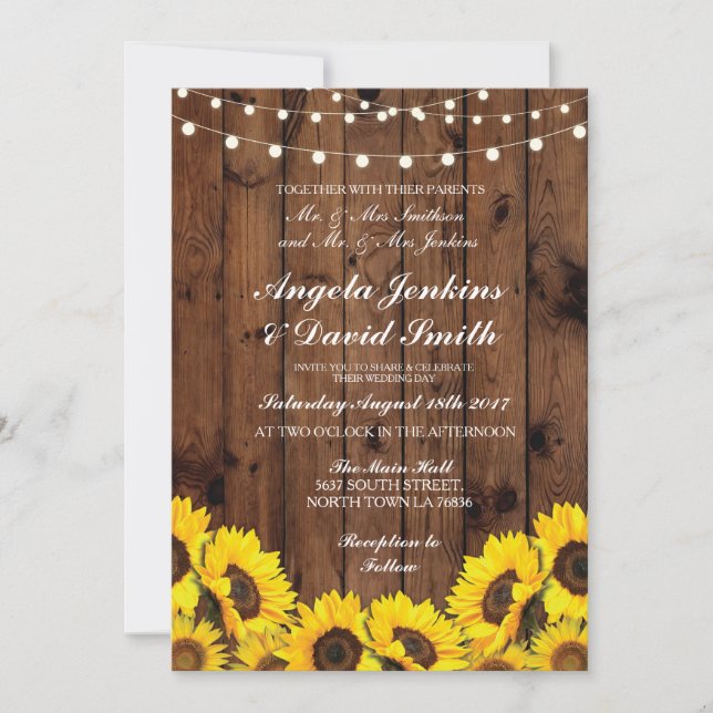Sunflowers Wood Wedding Rustic Floral Light Invite (Front)