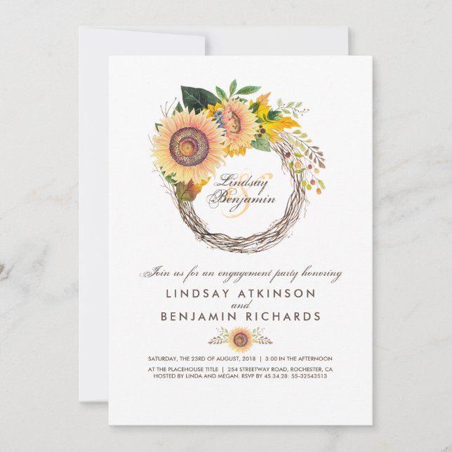 Sunflowers Wreath Rustic Fall Engagement Party Invitation (Front)