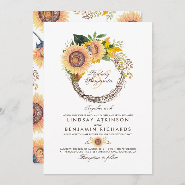 Sunflowers Wreath Rustic Fall Wedding Invitation (Front/Back)