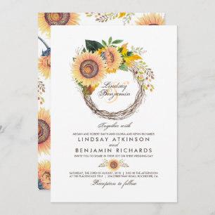 Sunflowers Wreath Rustic Fall Wedding Invitation
