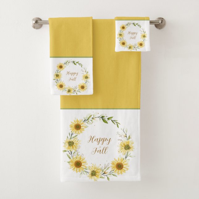 Sunflowers wreath with customisable text  bath tow towel set (Insitu)
