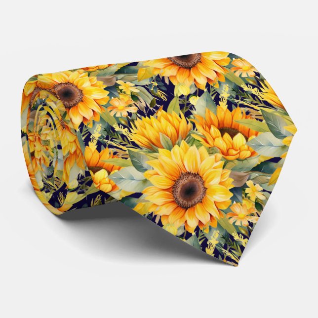 Sunflowers Yellow and Navy Blue Floral Neck Tie (Rolled)