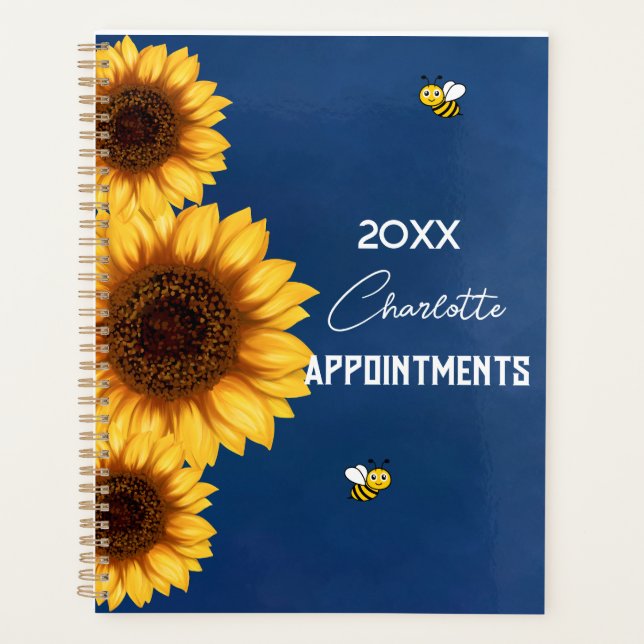 Sunflowers yellow bees blue sky name planner (Front)
