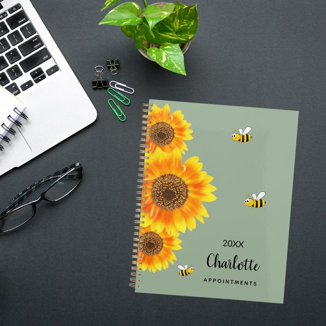 Sunflowers yellow bees sage green name  planner (Creator Uploaded)