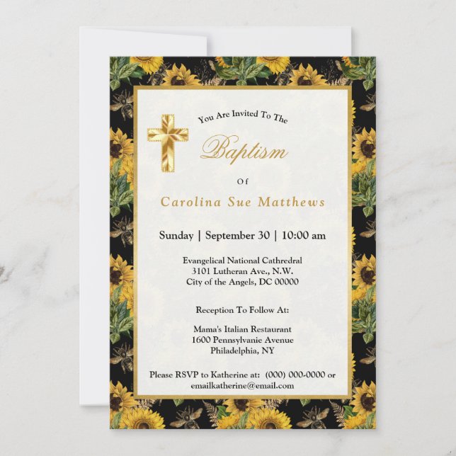 Sunflowers Yellow Black Bees Bouquet Baptism Invitation (Front)