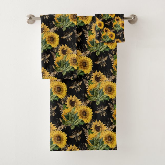 Sunflowers Yellow Black Bees Bouquet Bath Towel Set (Insitu)