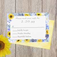 Sunflowers, Yellow, Dusty Blue Wedding RSVP Card