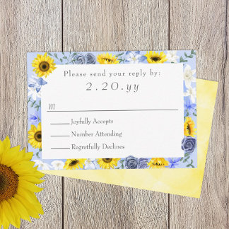 Sunflowers, Yellow, Dusty Blue Wedding RSVP Card