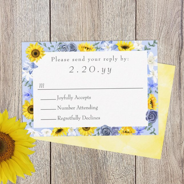 Sunflowers, Yellow, Dusty Blue Wedding RSVP Card (sunflowers and dusty blue roses wedding rsvp card, response reply card, yellow blue wedding theme)