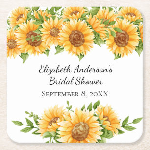 Sunflowers Yellow Floral Rustic Bridal Shower  Square Paper Coaster