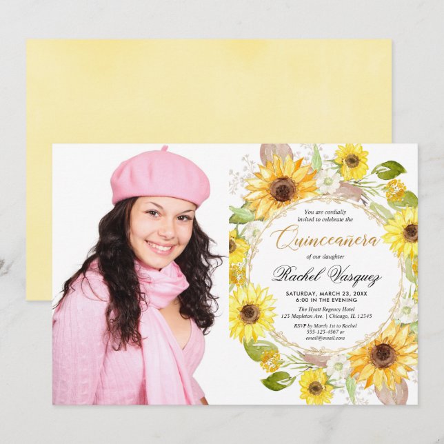 Sunflowers yellow gold floral Quinceanera photo Invitation (Front/Back)