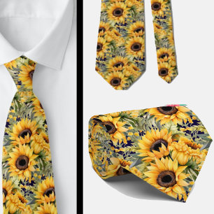 Sunflowers Yellow Gold Navy Blue Floral Neck Tie