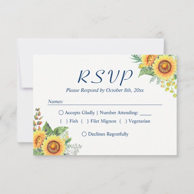 Sunflowers Yellow Navy Blue Rustic Wedding RSVP Card (Front)