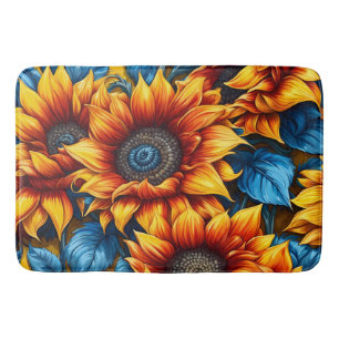 Sunflowers yellow red and Blue Bath Mat