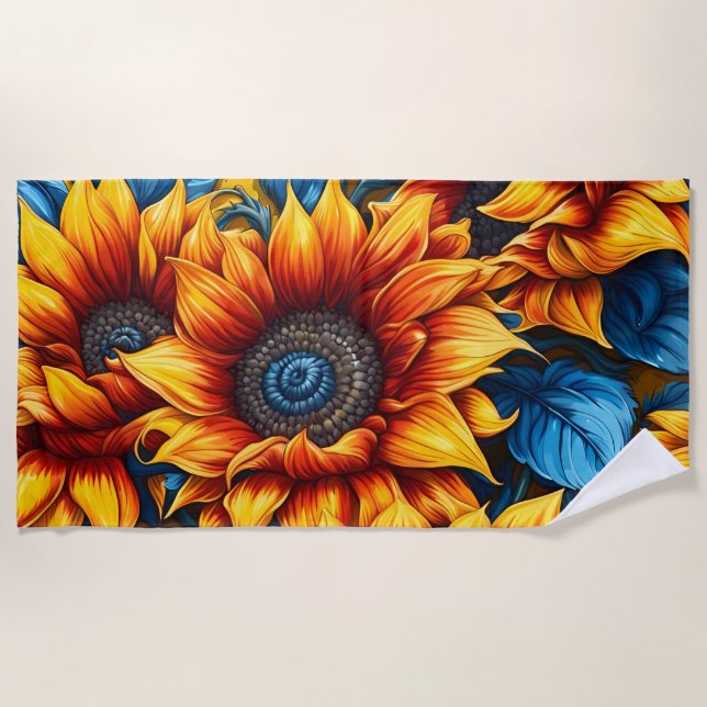 Sunflowers yellow red and Blue Beach Towel (Front)