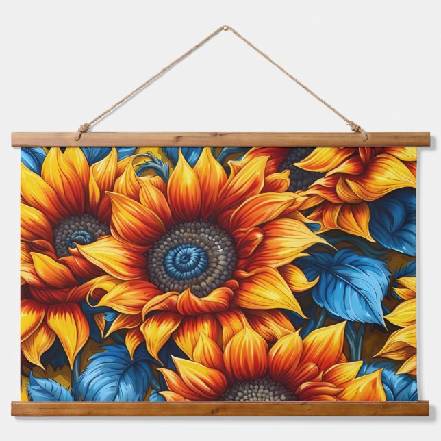 Sunflowers yellow red and Blue Hanging Tapestry (Front)