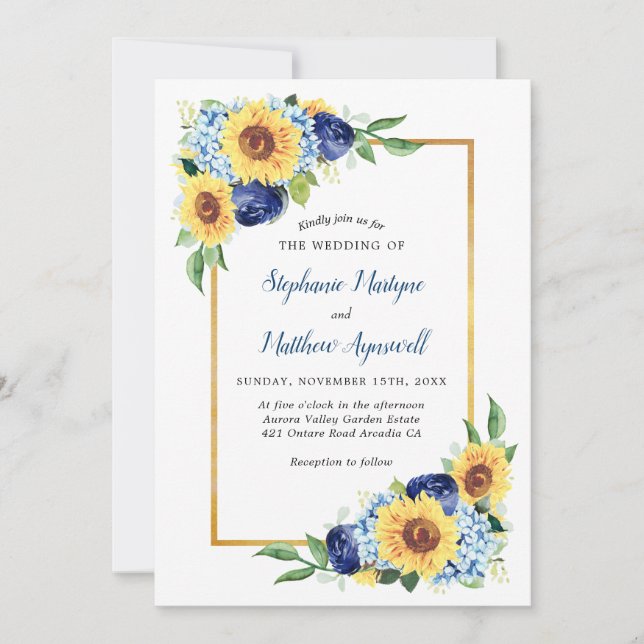Sunflowes Dusty Blue Floral Gold Border Wedding Invitation (Front)