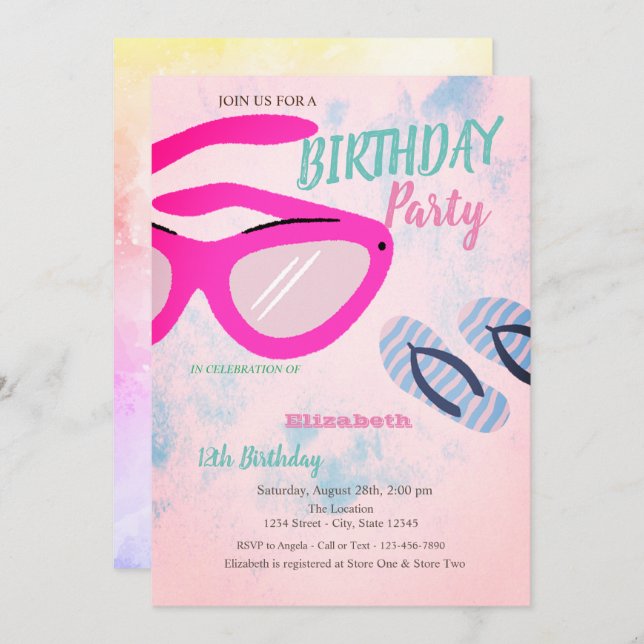 Sunglass Flip flops Summer Birthday Party  Invitation (Front/Back)
