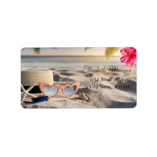 Sunglass Hat Seashells Sand Hibiscus Label
